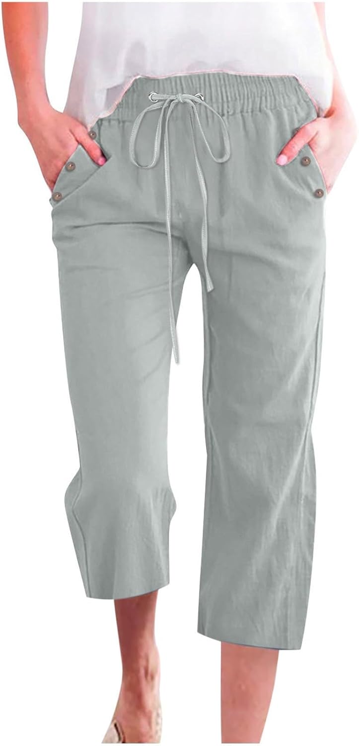 Qixiu Women’s Plain Cotton Flax Elastic Long Trousers Beach Leisure Trousers Linen Winter Leggings for Women Winter