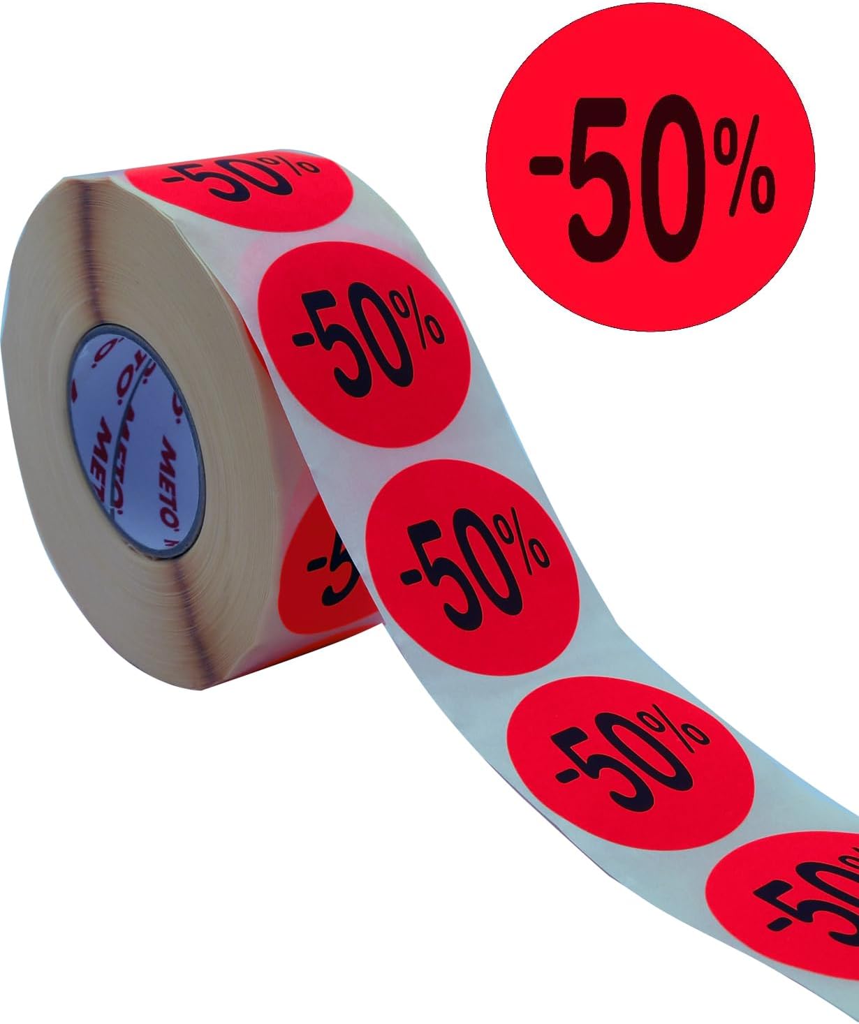 Original Meto Discount Labels – 50% – (40 mm, Round, Fluorescent Red, Permanent, 1000 Labels on Roll, Adhesive Labels 30004925)
