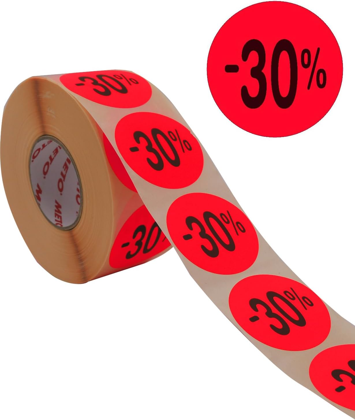 Original Meto Discount Labels – 30% – (40 mm, Round, Fluorine Red, Permanent, 1000 Labels on Roll, Adhesive Labels 30004924)