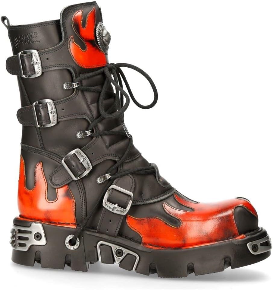Boots Black Red Flame Pattern 591 S1 Biker Goth Boots Discount Price