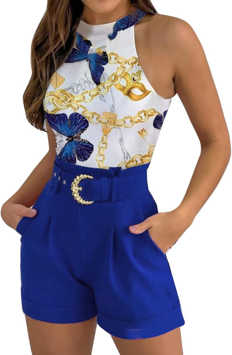 Qixiu Casual Fashion Slim Set Women’s Shorts Set Sleeveless Vest Top Suit Shorts Two Piece Floral Print Basic Tank Top & with Belt Features: Women’s Swimsuit Long Leg