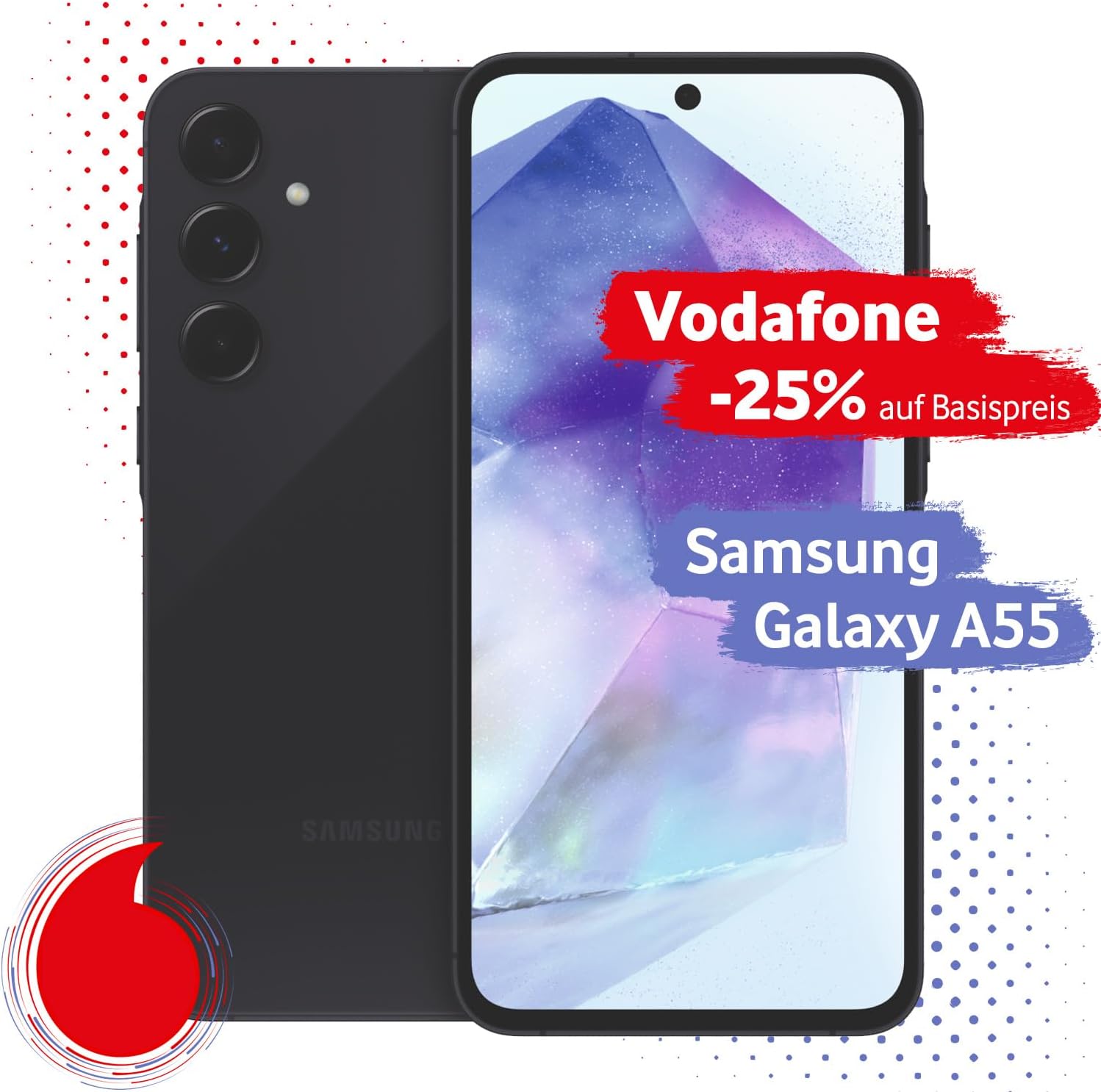 Samsung Galaxy A55 5G mit Vodafone Vertrag | Aktion: 25% Basispreis-Rabatt | 24 Mon. Laufzeit | in Awesome Navy | mit 256 GB Speicher