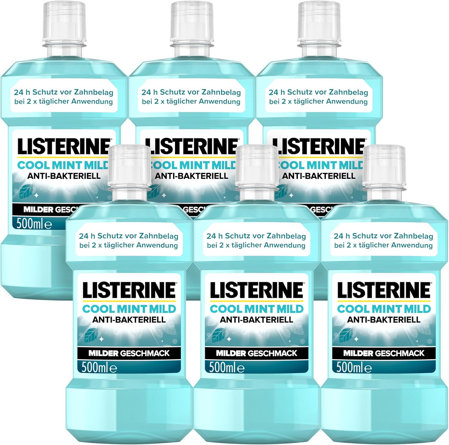 LISTERINE Cool Mint Mild (6 x 500 ml), Antibacterial Mouthwash with Essential Oils and Alcohol-Free, Mild Mouthwash Effectively Fights Bacteria, Useful Addition to Daily Dental Care
